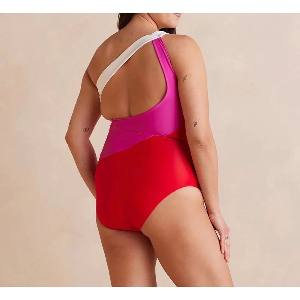 Summersalt The Sidestroke One Shoulder Swimsuit Colorblock Pink White Red 14LT